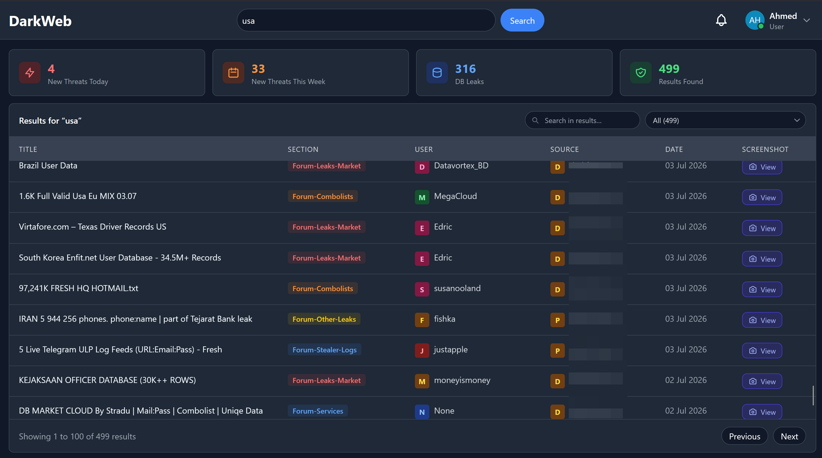 IntelForce Dark Web Monitoring Interface